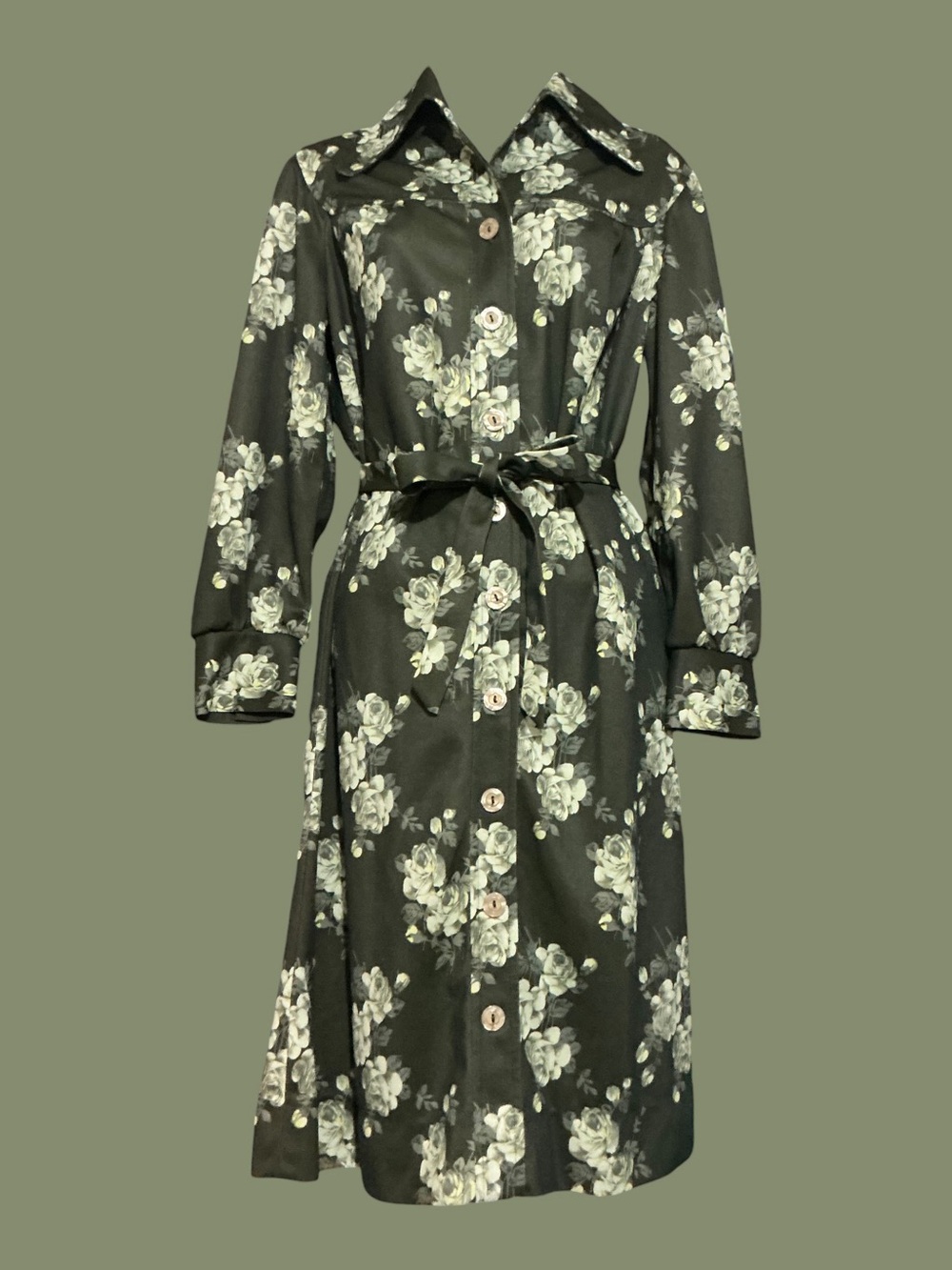 Vintage 70s Countess Custom Olive Floral Belted Shirt Dress Medium